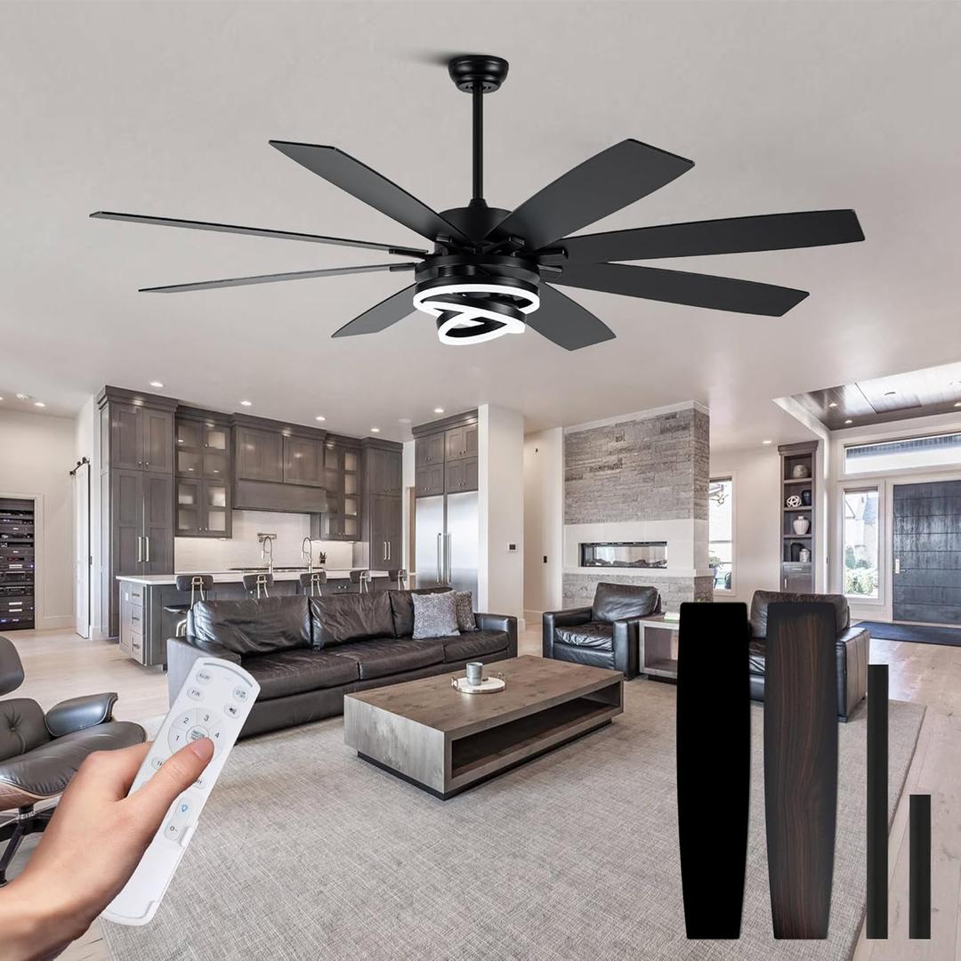 Black 72 Inch Ceiling Fans with Lights and Remote Reversible Quiet DC Motor 6 Speed LED Big Large Modern Chandelier Ceiling Fans for Living Room Bedroom