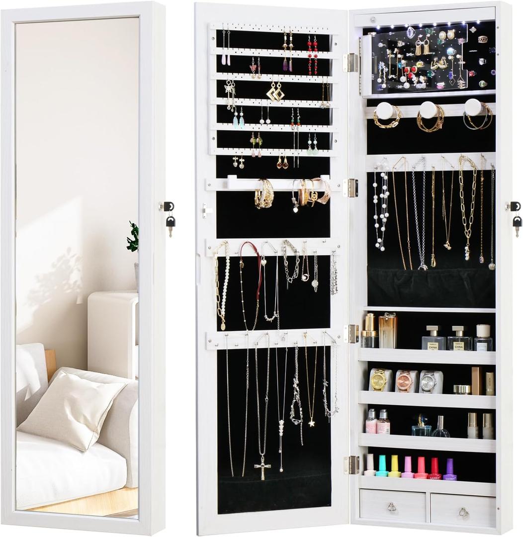 LED Jewelry Cabinet with Mirror - 47.3" Mirror Jewelry Armoire Door Hanging/Wall Mounted Mirror with Storage And Drawers White
