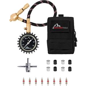Boulder Tools Heavy Duty Rapid Tire Deflator & Molle Pouch - Precision Release Button Air Down Offroad Kit - Glows in Dark, Bonus: Valve Caps, Cores, Repair Tool | Quickly Deflate 4x4 Off Road Tires