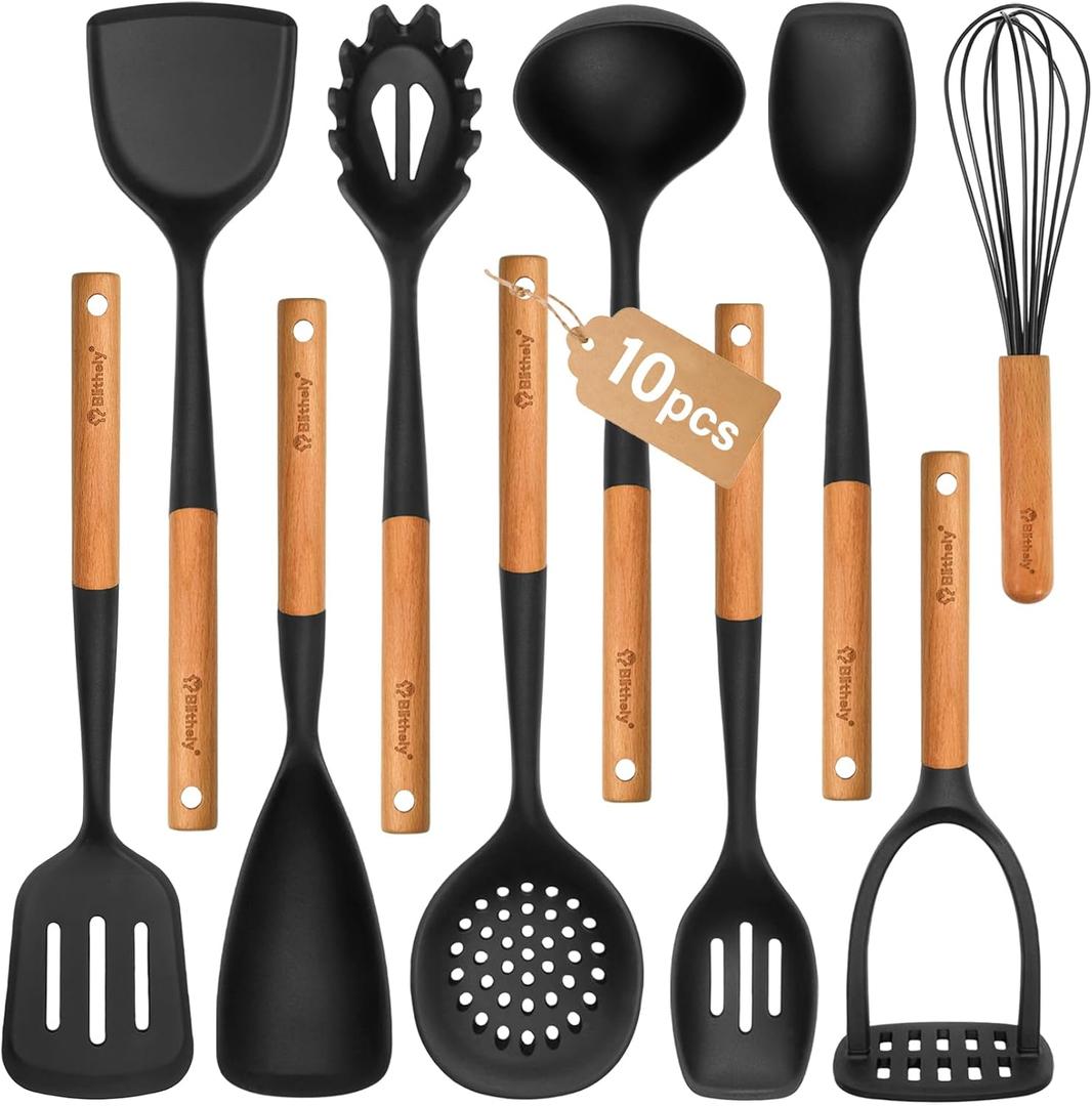 Large Silicone Cooking Utensils Set, 10Pcs Nonstick Kitchen Utensil Set with Wooden Handle, Heat Resistant Silicone Utensils for Cooking, BPA Free Spatula Set with Turners Spoon Ladle Skimmer(Black)