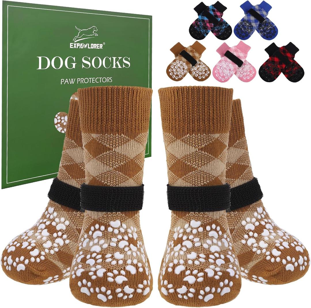 EXPAWLORER Dog Socks for Hot Pavement to Prevent Licking Paws, Anti Slip Doggie Booties Grippy Shoes for Hardwood Floors, Boots & Paw Protectors for Small Medium Large Senior Dogs Khaki, Medium