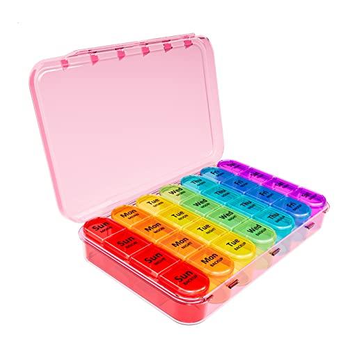 Daviky Weekly Pill Organizer, 7 Day Pill Organizer 4 Times a Day, Daily Pill Box 7 Day, Large Travel Pill Box with Removable Pill Case to Hold Vitamin, Supplement and Medication (Pink)
