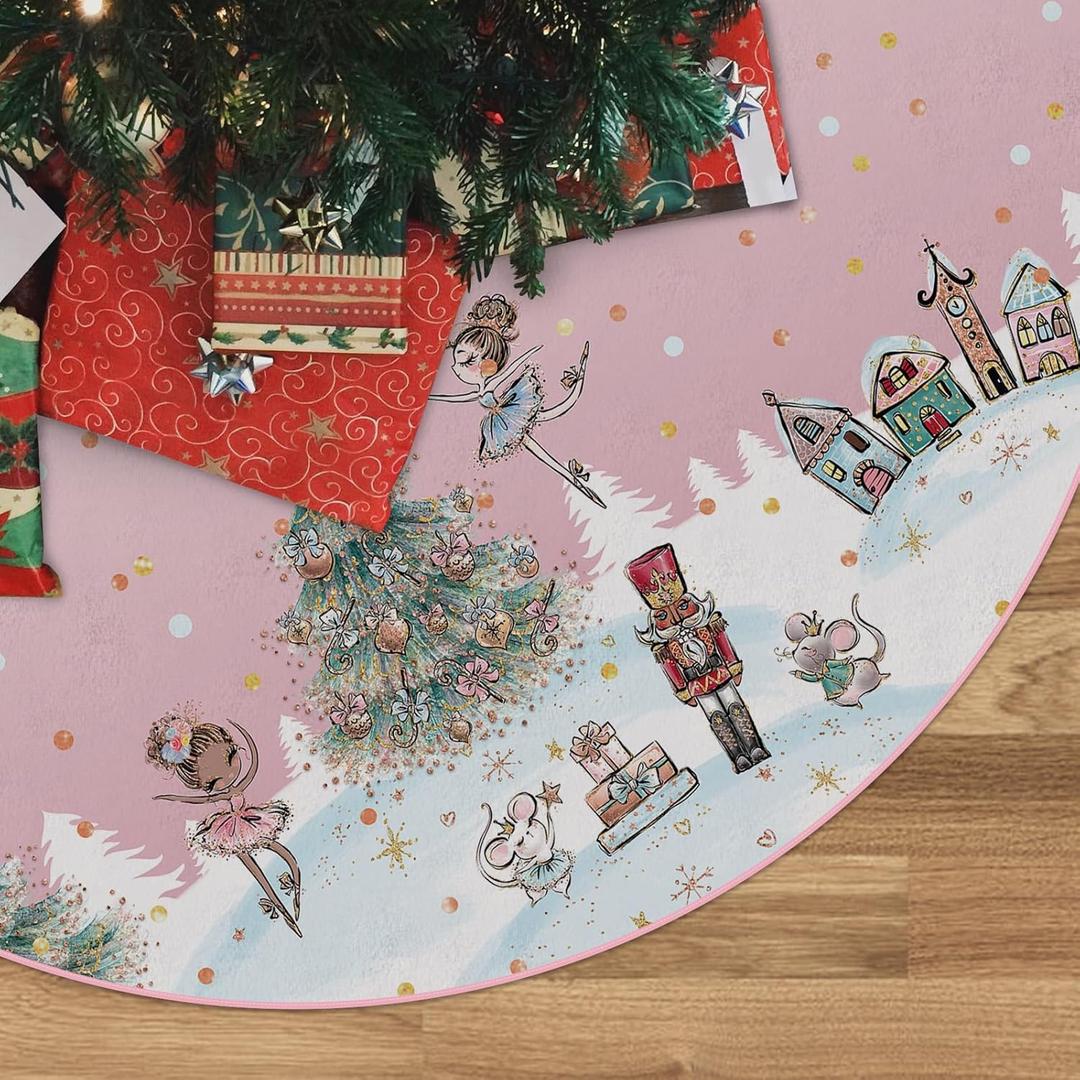 Christmas Tree Skirt Pink Dancer Print Tree Skirt 48inch Xmas Winter Tree Skirt for Christmas Indoor Outdoor Decorations