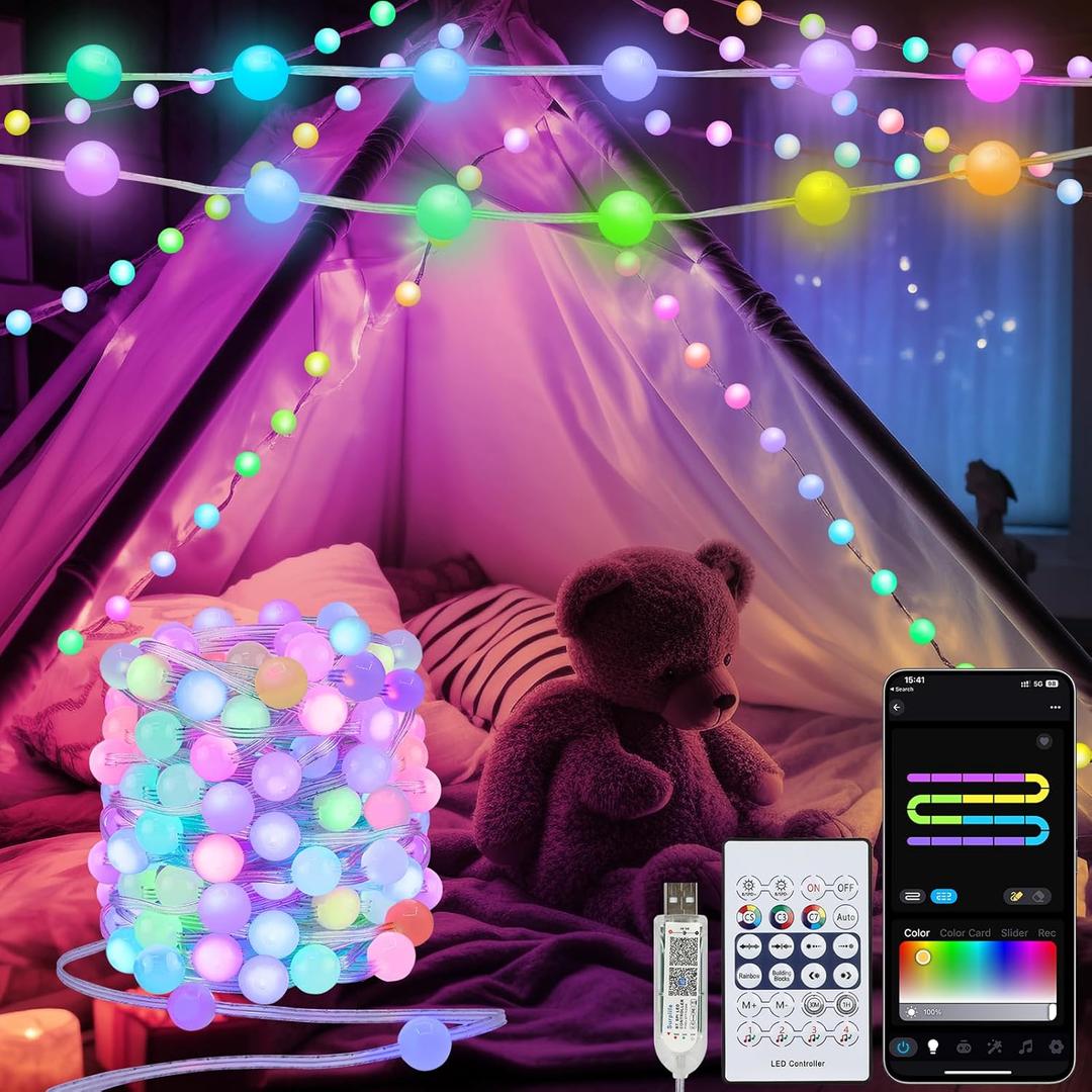 Smart Color Changing Globe String Lights, 33Ft 16 Million Colored Fairy Lights Plug in APP & Remote Control DIY Music Sync Twinkle Light for Bedroom Classroom Christmas Decor Christmas Gift (Globe-RGB-Built in Chip)