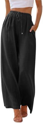 LILLUSORY Women's Linen Summer Palazzo Pants Flowy Wide Leg Beach Pants with Pockets L