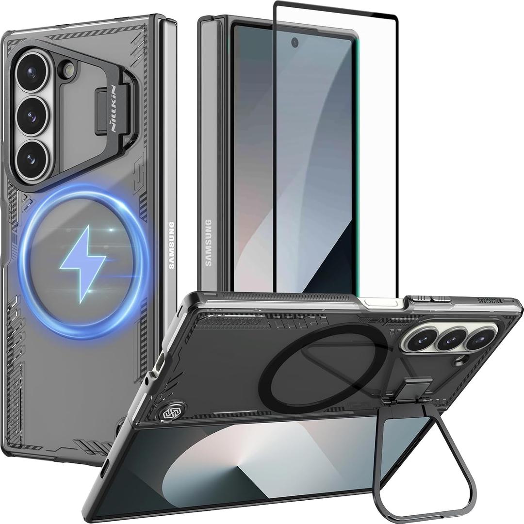 Nillkin [New Material for Samsung Galaxy Z Fold 6 Case, Built-in HD Screen Protector & Adjustable Camera Kickstand, Slim Clear Magnetic Phone Case for Samsung Galaxy Z Fold 6, Clear Black