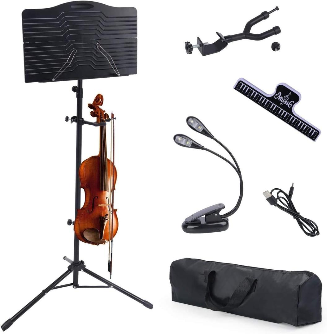Klvied Portable Folding Sheet Music Stand with Violin Hanger, Black