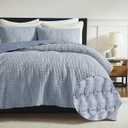WDCOZY Chambray Pick Stitch Twin Size Quilt Set, Denim Blue Striped Lightweight Soft Summer Spring Bedspread, Bamboo Linen Like Textured Coverlet, Farmhouse Country Rustic Bedding, Thin Comforter