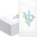 WRAPAHOLIC 50Pcs Cross Religious Paper Napkins - 3-Ply Religious Blue Cross Guest Disposable Hand Towels for Bathroom, Spring, Christening and Baby Shower - 4.3 x 7.9 In