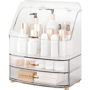 Makeup Organizer Countertop Vanity with Transparent Lid Drawers Waterproof Dustproof Cosmetic Skincare Bathroom Storage Gift for Women Teens Girls (Clear Whtie)