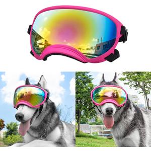 Large Dog Sunglasses, Dog Goggles Large Breed and Medium, UV Protection, Windproof, Dustproof and Snowproof. Shatterproof Lens, Adjustable Strap (Pink)