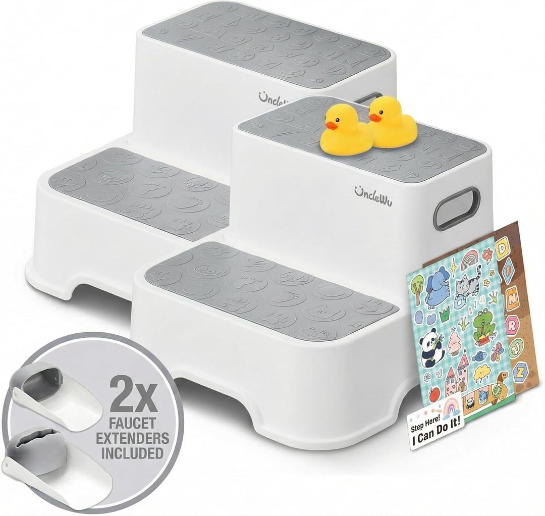 UNCLE WU 2-Pack Step Stool for Kids & Adults - Adjustable 2-Tier Foot Rest for Bathroom Sink, Potty Training & Kitchen - Heavy Duty 200lbs, Non-Slip Stool for Healthy Squat Posture (Grey) (Gray White)