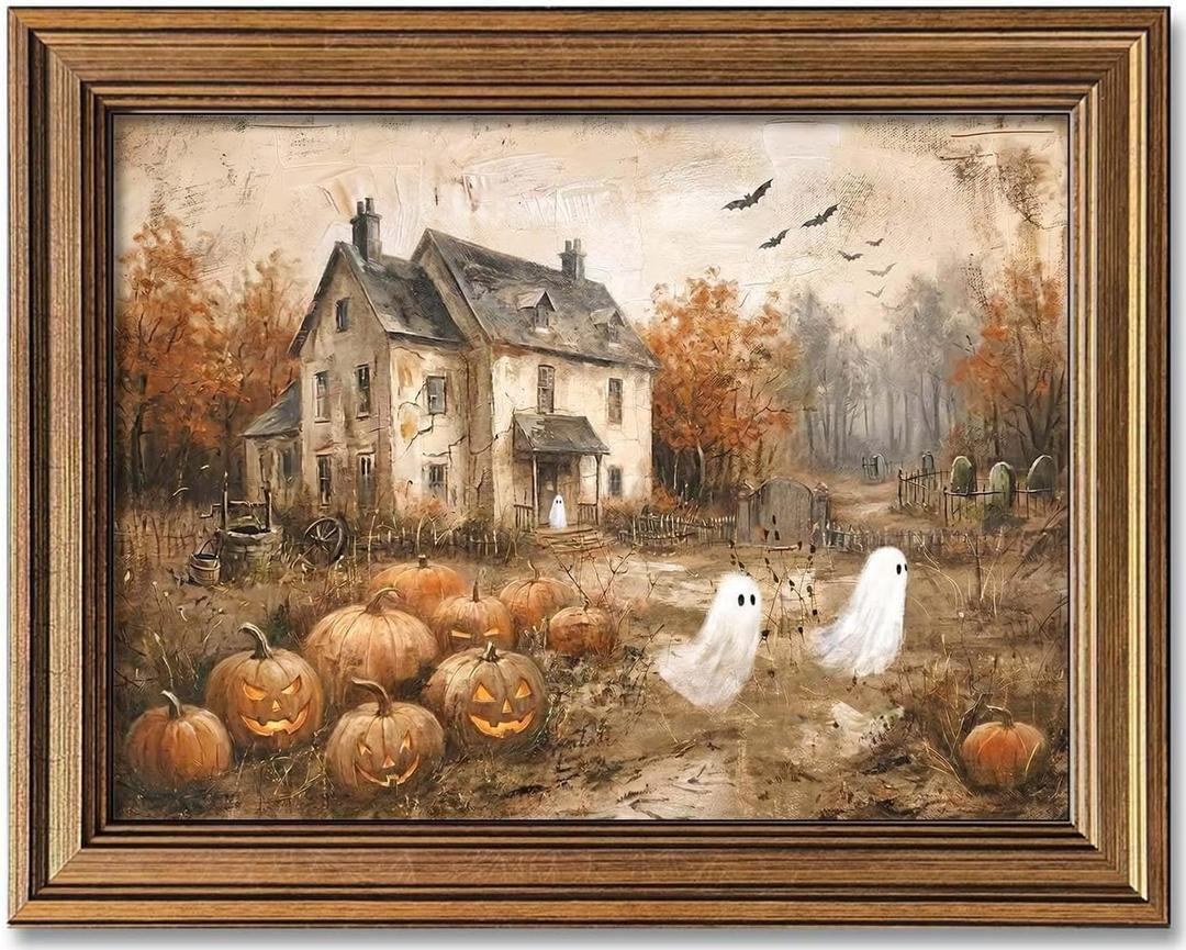 Wemandh Vintage Halloween Wall Art, Gold Framed Rustic Ghost and Pumpkin Decor, Spooky Haunted House Picture for Gothic Room, Farmhouse Fall Autumn Canvas Print Artwork (16'' x 20'')