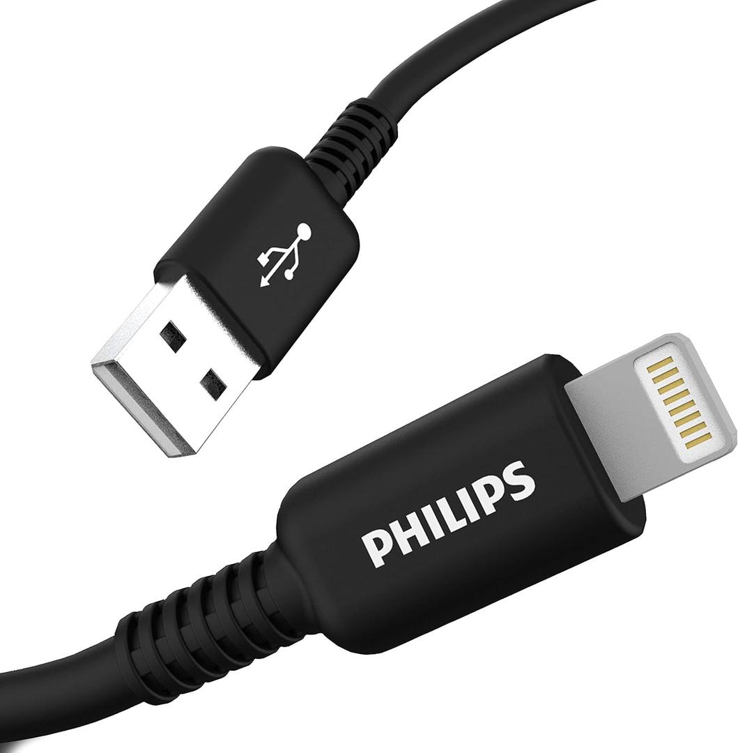 Philips USB Charging Cable with Lightning Connector, 4 Ft Long Cord, Apple MFi Certified, Compatible w/Apple iPhone Xs Max/XS/XR/X/8 Plus/8/7 Plus/7/SE, iPad, iPad mini, iPad Air, Black, DLC4104V/37