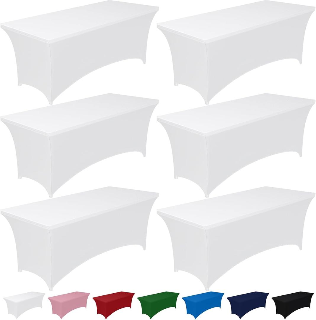 Pureegg Spandex Tablecloth 6ft - 6 Pack, Fitted and Tight Cloth for Rectangle Table, Wrinkle-Free and Stretch Table Cover for Party, Wedding, Banquet and Birthday, White
