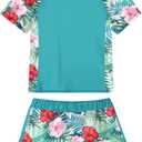 ADUKIDE Girls Rash Guard Swimsuit 2-Piece Bathing Suit UPF 50+ Summer Beach Swimwear Size 7-16T (12-13 Years, Floral Hawaii)