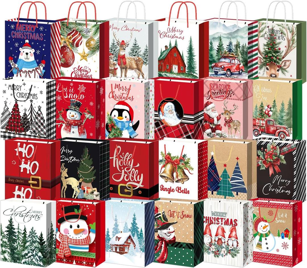 WLUSEAXI 24PCS Large Christmas Gift Bags Bulk With Handles, Paper Holiday Gift Bags with 24 Assorted Design Big Size for Wrapping Xmas Present 13 X 10.3 X 4.7 Inches (Red)