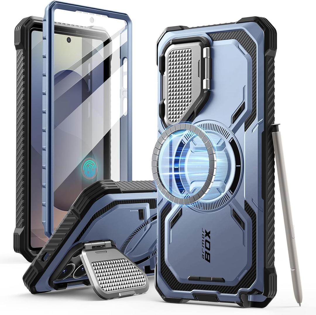 i-Blason Armorbox for Samsung Galaxy S25 Ultra Case MagSafe with Camera Cover Stand [Support Wireless Charger] 360 Full-Body Case with Screen Protector & Kickstand Phone Case for S25 Ultra, Blue