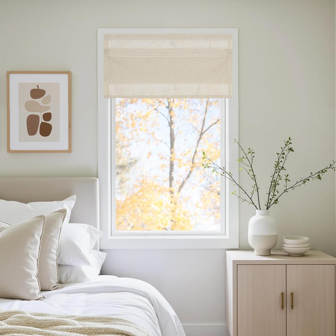 NICETOWN Natural Farmhouese Linen No Drill Roman Shades for Windows, French Front Door Curtain Solid Cordless Blinds for Farmhouse Door Window Covering with Light Filgtering, W26 x L40, 1Pc