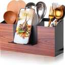 Utensil Holder Large Iron Flatware Container with 3 Compartments Countertop Wall-mounted Kitchen Utensil Storage (Black)