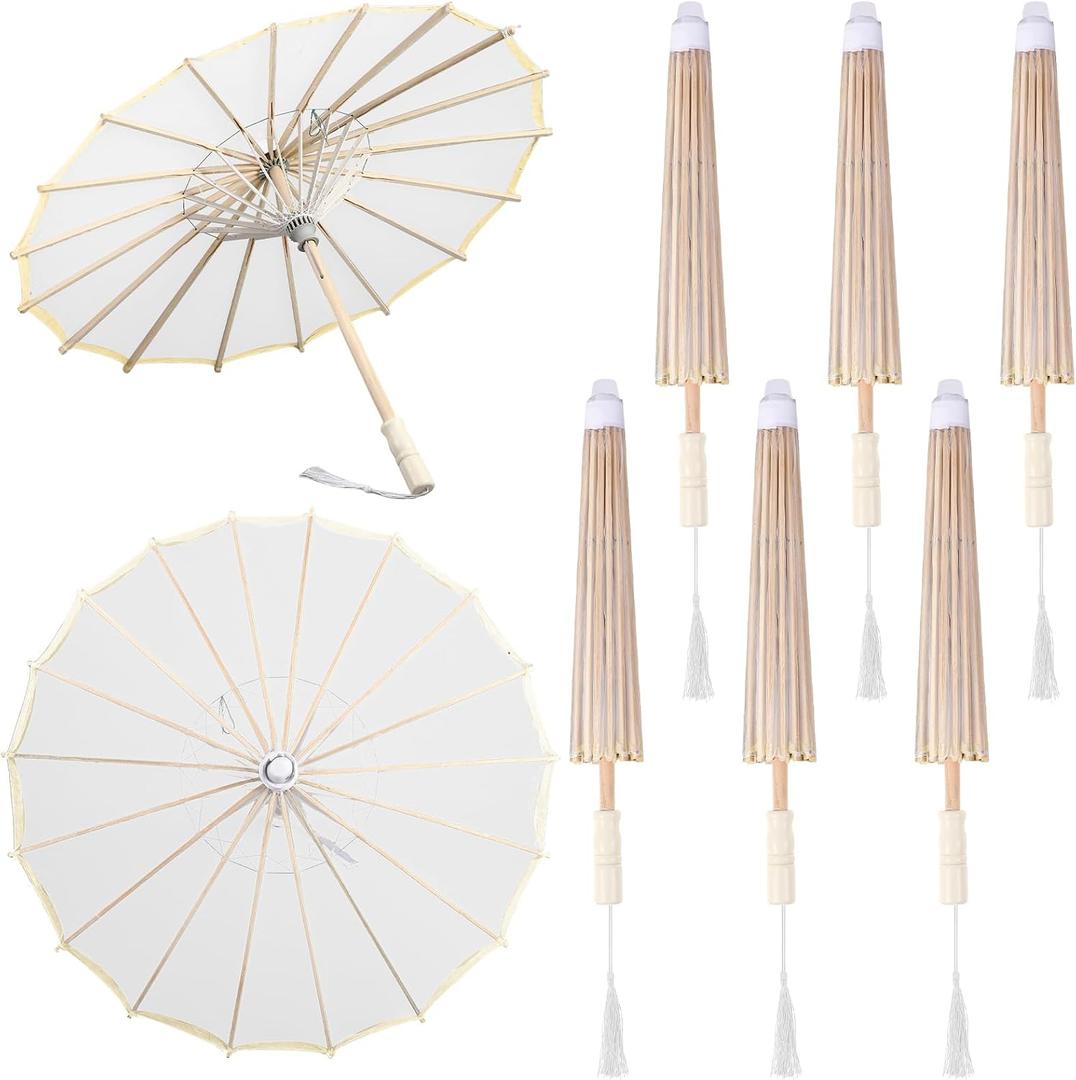 6 Pcs 22.1" Cloth Parasol Umbrella for Wedding Chinese Japanese Handmade Decorative Umbrella for Bridal Party DIY Photo Prop (White)