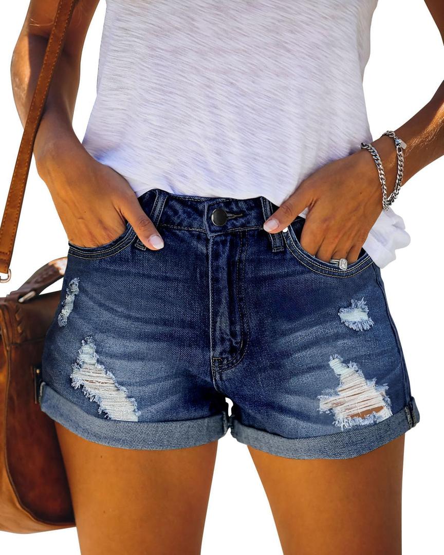 CHICZONE Women's Mid-High Rise Ripped Jean Shorts Distressed Stretchy Denim Shorts, Large