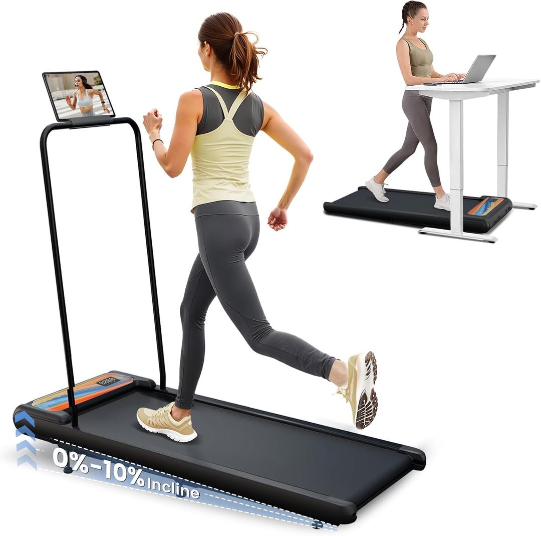 Walking Pad Treadmill with 10% Incline, 2.5HP Under Desk Treadmill 450LBS Capacity LED Display, 4 in 1 Portable Small Treadmills with Handle Bar for Home Office Orange