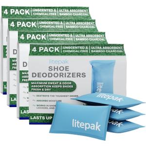 Litepak Shoe Deodorizer and Odor Eliminator Activated Charcoal Odor Absorber for Shoes and Gym Bags, Natural Bamboo Air Freshener for Boots, Closet Or Car (16 Pack)