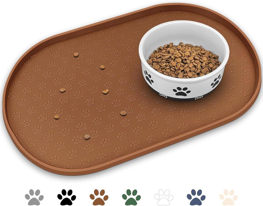 KPWACD Pet Placemat for Dog and Cat, Anti-Slip Waterproof Dogs Feeding Bowl Mat Prevent Food and Water Overflow, Silicone Puppy Dish Mats Suitable for Small Medium Big Pets, Brown, 24" * 16" (Many Paw - 24"x16")