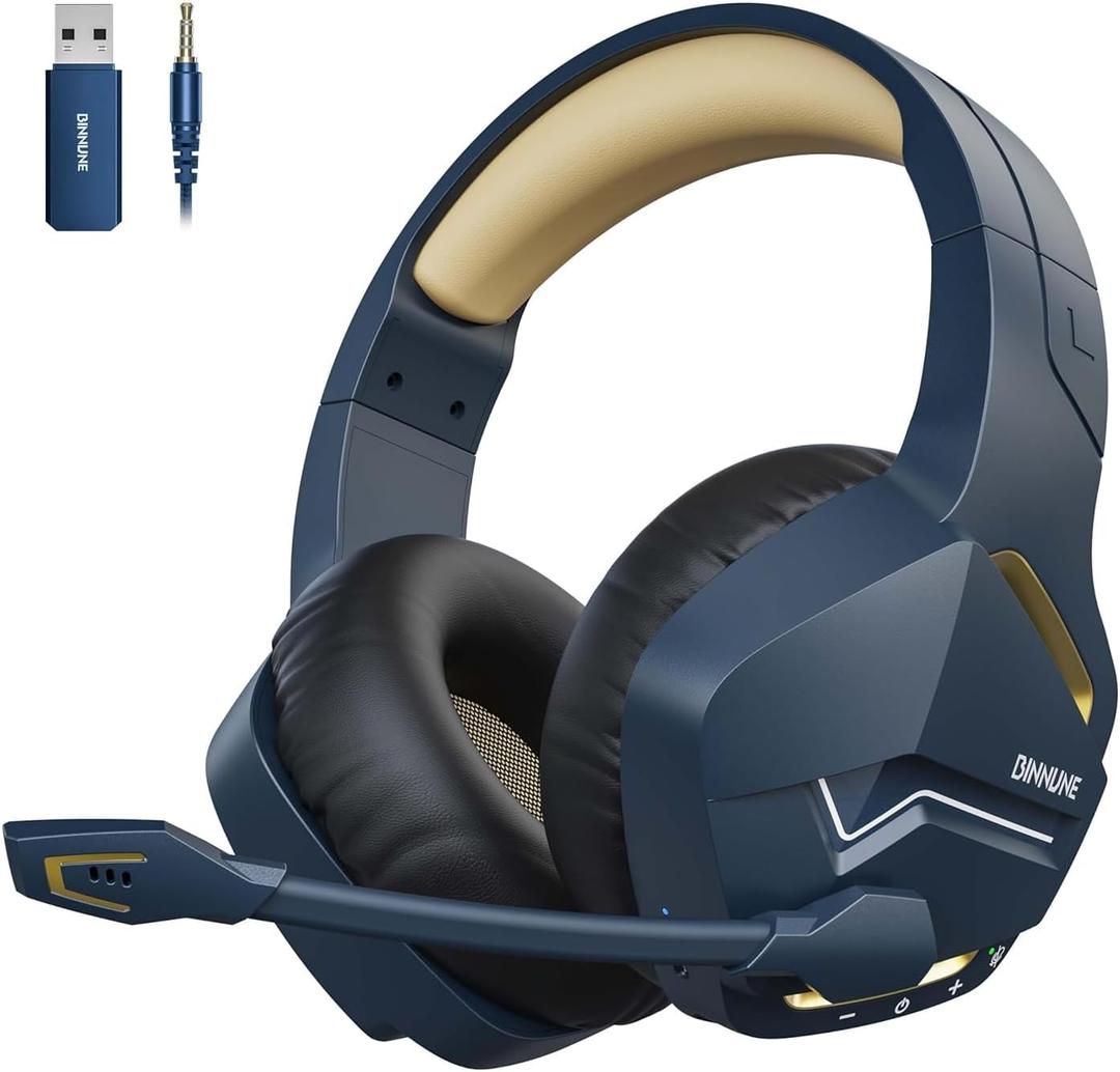 BINNUNE 2.4GHz Wireless Gaming Headset, Bluetooth 5.3 Gaming Headphones with Noise Canceling Mic, 120H Ultra-Long Battery, 50mm Drivers, Multi-Platform for PC / PS5 /PS4/ Switch/Mobile, Gold