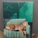 Trendy Leopard Wall Art Sleeping Cheetah on Green Striped Sofa Canvas Print, 24"L x 16"W