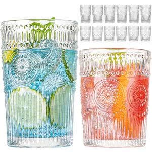 Vintage Drinking Glasses Set of 12, Textured Clear Striped Glass Cups-6 Highball Glasses 13oz & 6 Rocks Glasses 10oz, Ribbed Glassware Set, Mojito Cups, Cocktail Glass, Iced Coffee Cup