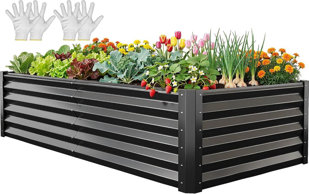 YITAHOME 6x3x1.5ft Large Raised Garden Bed Kit, Galvanized Metal Planter Box with Gloves, Support Rod, Outdoor Above Ground Planters for Plants, Vegetables, Flowers, Black