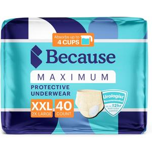 Because Premium Maximum Plus Adult Incontinence and Postpartum Bladder Leak Underwear for Women, Maximum Absorbency, Disposable, Beige, XXLarge, 40 Count (4 Packs of 10)