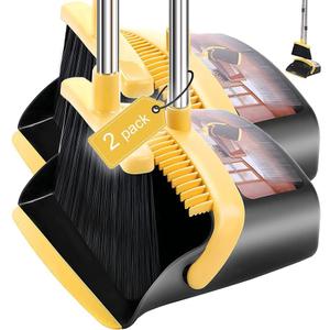 2-Pack is More economical,Brooms with Dustpan Combo Set， with 52" Long Handle, Dustpan Teeth with self-Cleaning Function, Indoor and Outdoor Sweeping, Perfect for Home Office (Large/Yellow/ 2-Pack)