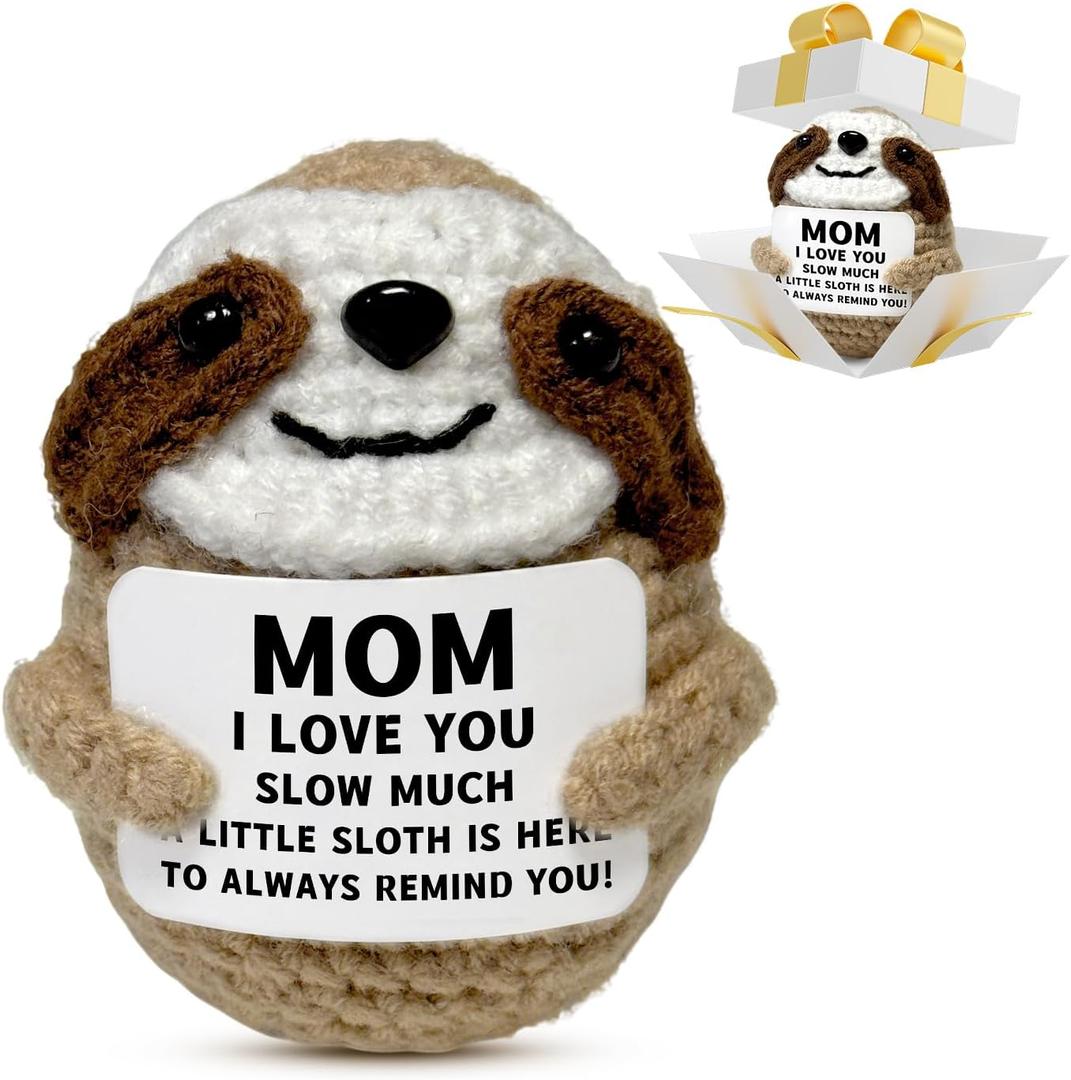 CREEK CLOUD Mom Birthday Gift Idea from Daughter Son, Positive Crochet Sloth with Love CardEmotional Support Animal Gift for Women Mom Grandma, Cute Decor for Desk Office Christmas