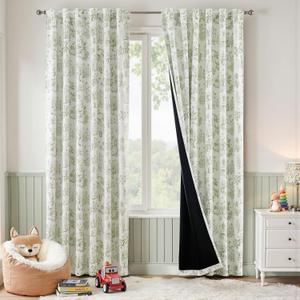 jinchan 95% Blackout Nursery Curtains 84 Inches Long, Bunny Woodland Toile Curtain Sage Green Animal Printed Drapes for Bedroom Rod Pocket Thermal Insulated Farmhouse Window Drape 2 Panels