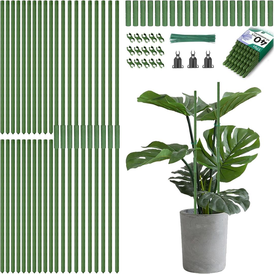 Breeze Touch Garden Trellis for Climbing Plants Outdoor, 40 Pack 17" Tomato Stakes Set with Clips & Connectors,Garden Plant Stakes, Tomato Frame, Cucumber Trellis for Raised Bed & Potted Plants