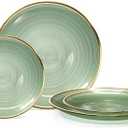 50 Plates Pack (25 Guests)-Wedding Party Disposable Plastic Plate Set -25 x 10'' Dinner + 25 x 7'' Salad & Dessert plates (Belize in Green & Gold)