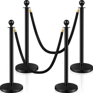 Ferraycle 4 Pcs Stainless Steel Crowd Control Stanchions and Velvet Ropes 5 ft Red Carpet Poles Black Ropes Safety Barriers with Sand Injection Hollow Base for Party Supplies