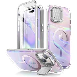 i-Blason Cosmo Mag for iPhone 15 Case/iPhone 14/13 Case [6.1''] with Camera Cover Stand, [MagSafe Compatible] Slim Stylish Full-Body Protective Case with Built-in Screen Protector (PinkWave)
