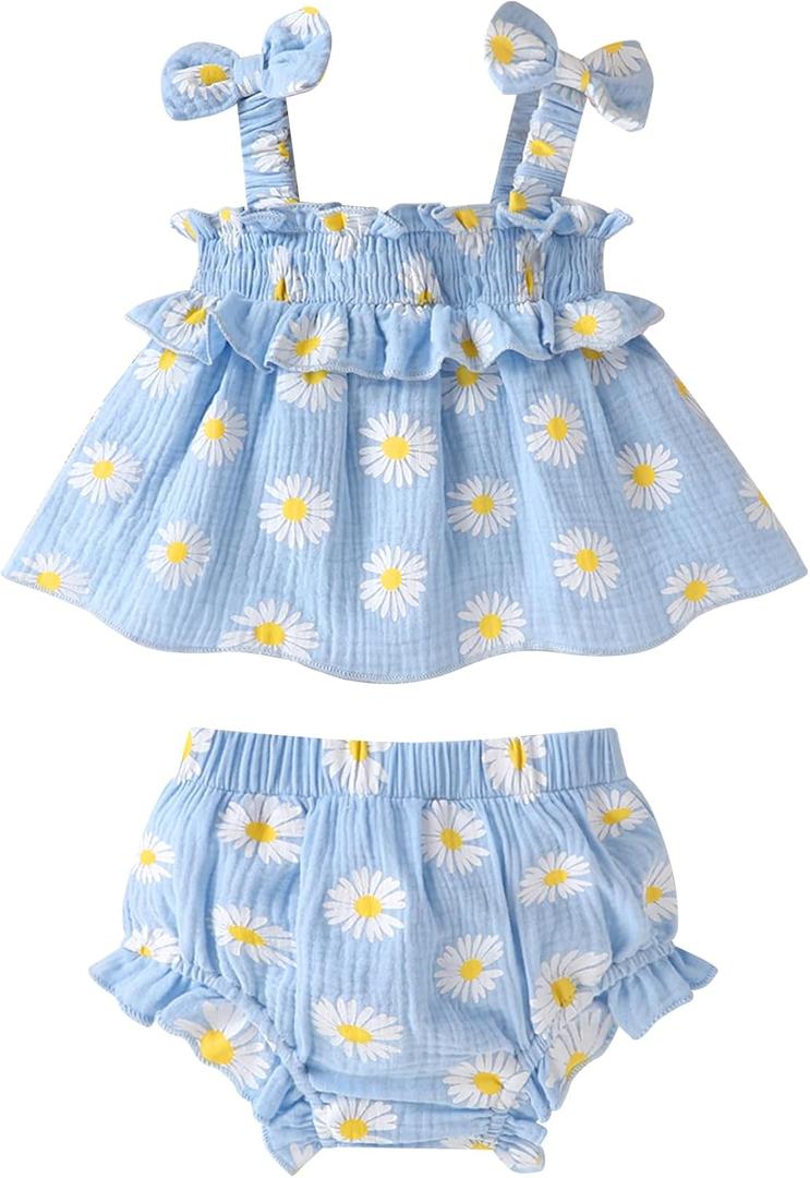 CBHAIBLYD Infant Toddler Baby Girl Summer Cotton Clothes Strap Ruffle Smocked Top and Shorts 2Pcs Outfit Clothing Set(Blue, 12-18M)