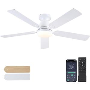 Ceiling Fans with Lights- 52" Low Profile Indoor Ceiling Fan with Light and Remote/APP Control, Flush Mount, LED Dimmable DC Reversible Modern Ceiling Fan for BedroomWhite