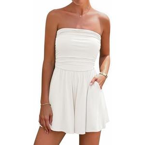 BTFBM Summer Womens Romper 2025 Strapless Tube Top Beach Vacation Clothes Ruffle Boho Loose Shorts Jumpsuits Pockets. M