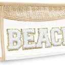 Boho Hand-woven Makeup Bag, Chenille Letter Patch Clear Travel Pouch, Rattan Straw Bag Clear Cosmetic Sunscreen Bags, Women Summer Retro Travel Beach Bag Essentials (Boho Beige)
