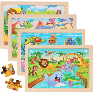 2 x Wooden Puzzles for Kids Ages 4-6, 24 Piece Animal Dinosaur Marine Farm Jigsaw Puzzles 4 Packs, Preschool Toddlers Learning Activity Puzzles Toys for Boys Girls 3 4 5 6 Years Old, 24 pieces, 8.9 inches x 5.9 inches
