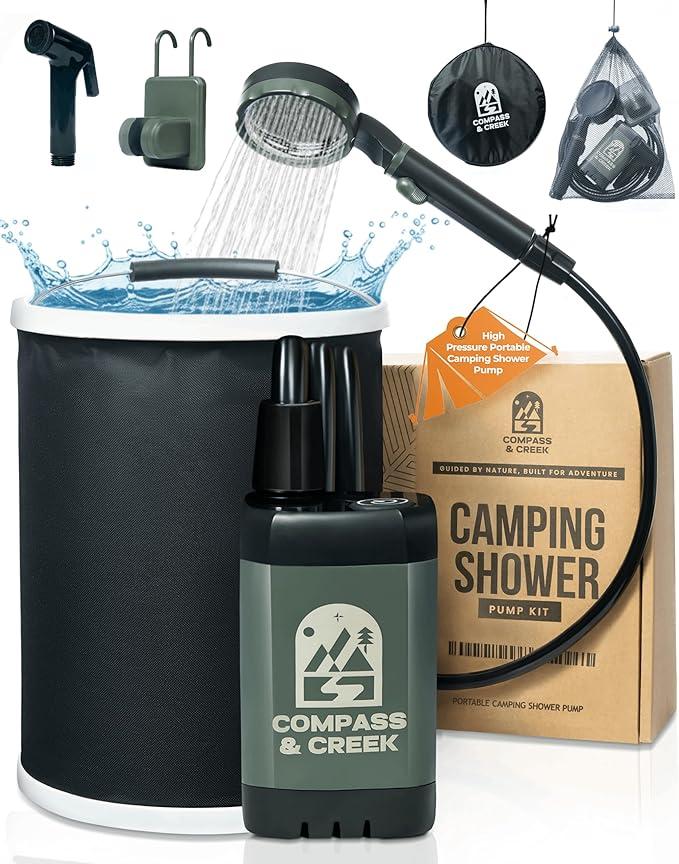 Portable Camping Shower Pump – Say Goodbye to Cold, Weak Camp Showers with This USB-Powered Kit Featuring a Solar-Warmed Collapsible Bucket, 90-Min Battery & Strong Pressure Keeping You Clean Outdoors