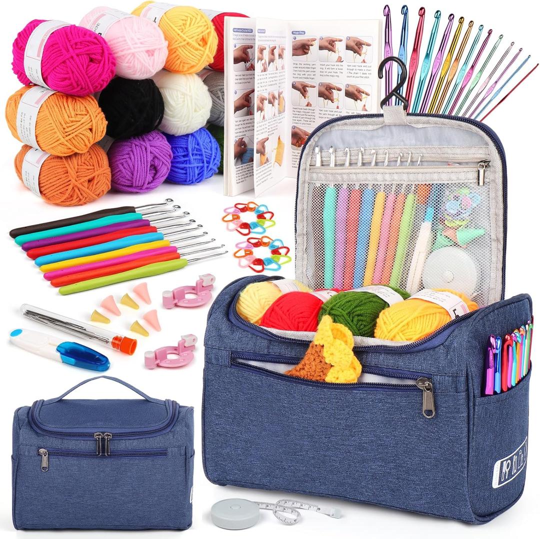 Aeelike Crochet Kit for Beginners, Young and Old, First Crochet Kit for Adults, Includes 23pcs Crochet Hooks, 655 Yards Yarn Set for Crocheting, Instruction, Bag, Crochet Accessories and Supplies, Navy