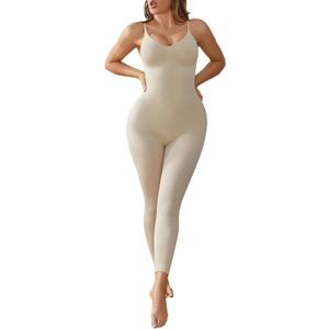 Unitard Jumpsuits for Women Tummy Control Capri Bodysuits Cropped Yoga Body Suit Compression Jumpsuits (Large, Nude)