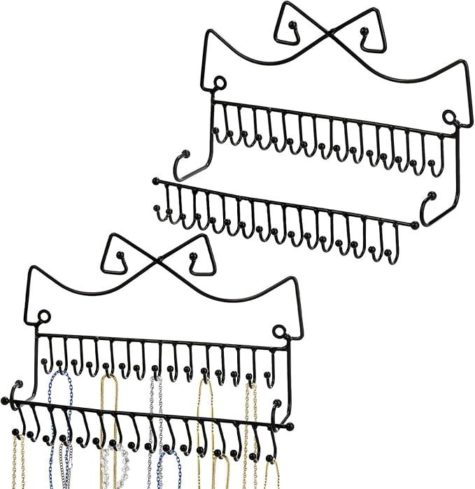 Hedume Set of 2 Jewelry Organizer, Wall Mounted Black Metal Necklace Holder with 20 Fixed Hooks and 20 Removable Hooks, Jewelry Display Storage Rack for Necklaces and Bracelets